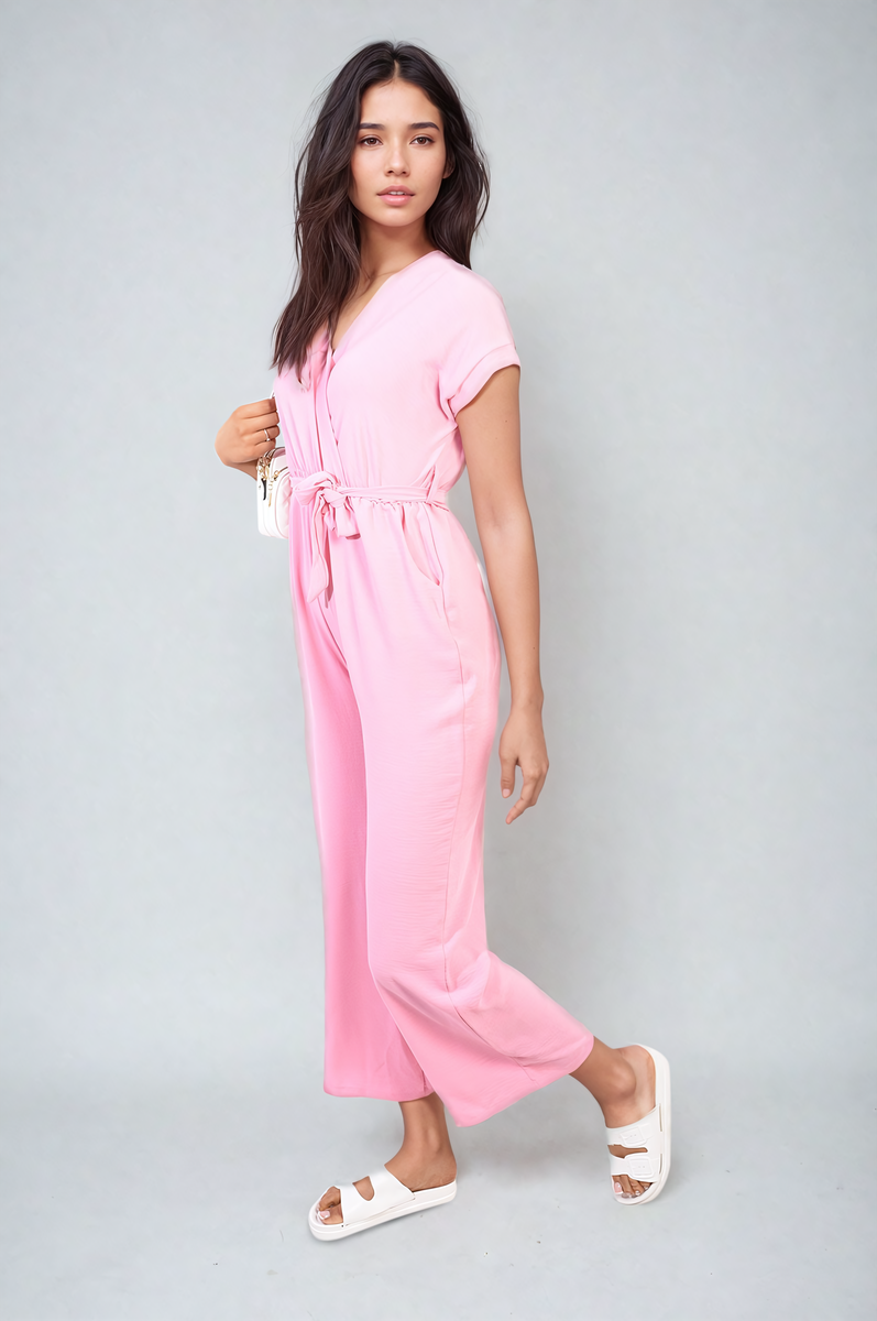 Belted V Neck Jumpsuit with Side Pockets - Black River UK