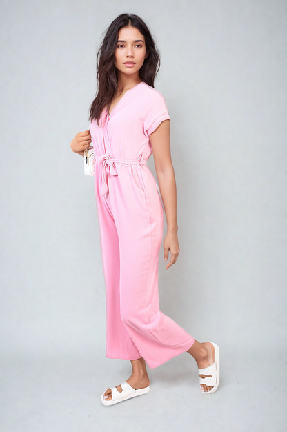 Belted V Neck Jumpsuit with Side Pockets - Black River UK