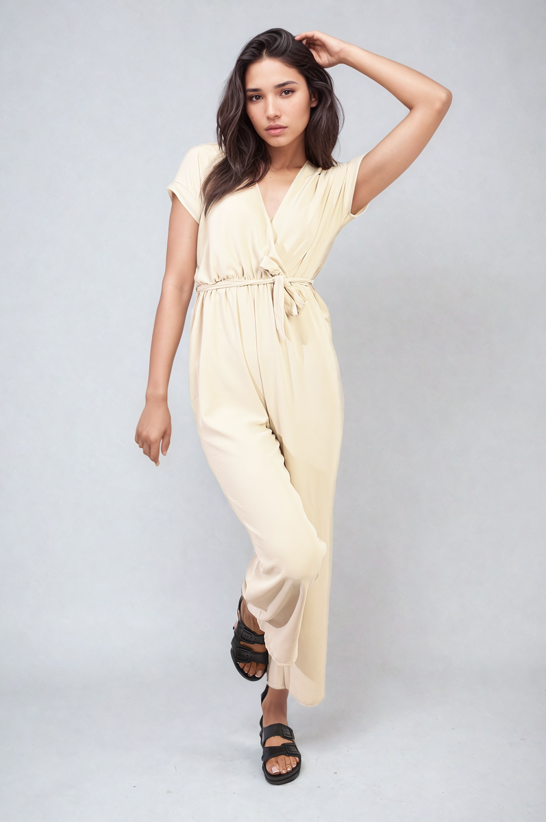 Belted V Neck Jumpsuit with Side Pockets - Black River UK