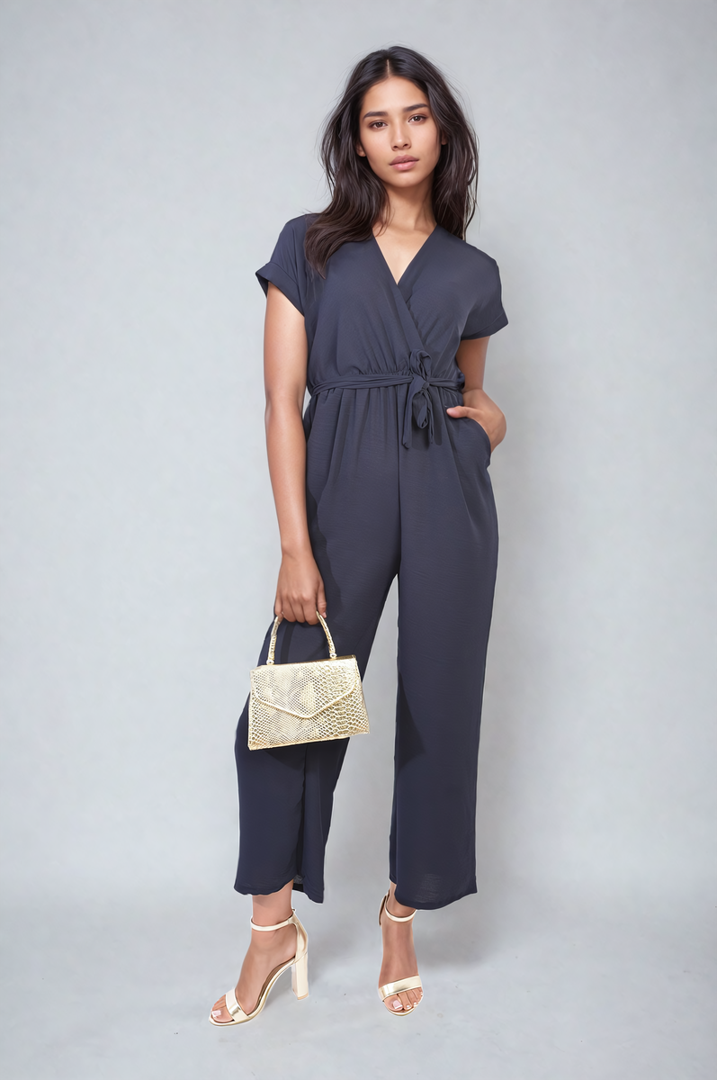 Belted V Neck Jumpsuit with Side Pockets - Black River UK