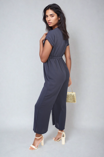 Belted V Neck Jumpsuit with Side Pockets - Black River UK