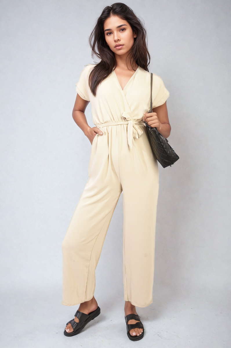 Belted V Neck Jumpsuit with Side Pockets - Black River UK