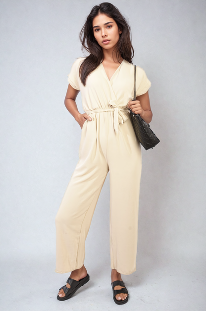 Belted V Neck Jumpsuit with Side Pockets - Black River UK