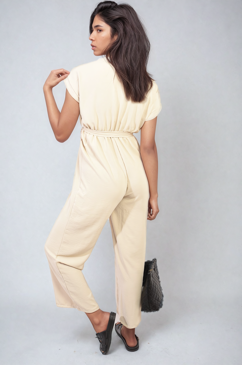 Belted V Neck Jumpsuit with Side Pockets - Black River UK