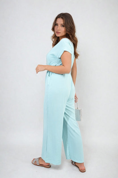 Belted V Neck Jumpsuit with Side Pockets - Black River UK