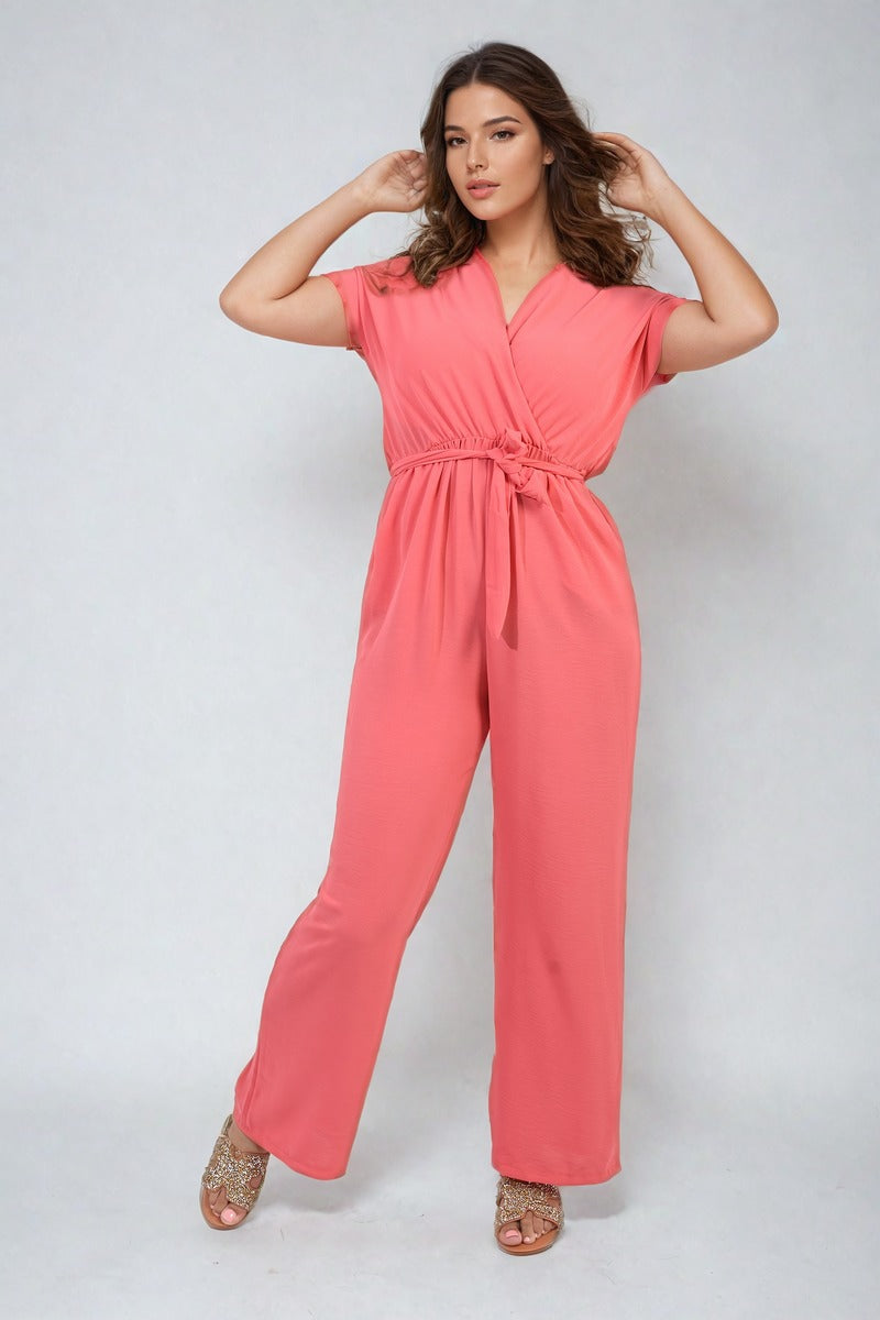 Belted V Neck Jumpsuit with Side Pockets - Black River UK