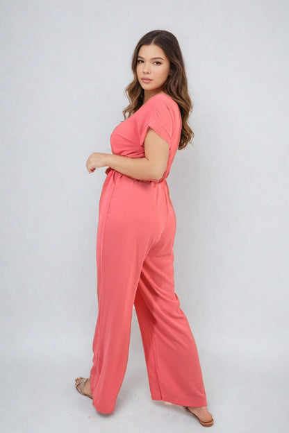 Belted V Neck Jumpsuit with Side Pockets - Black River UK