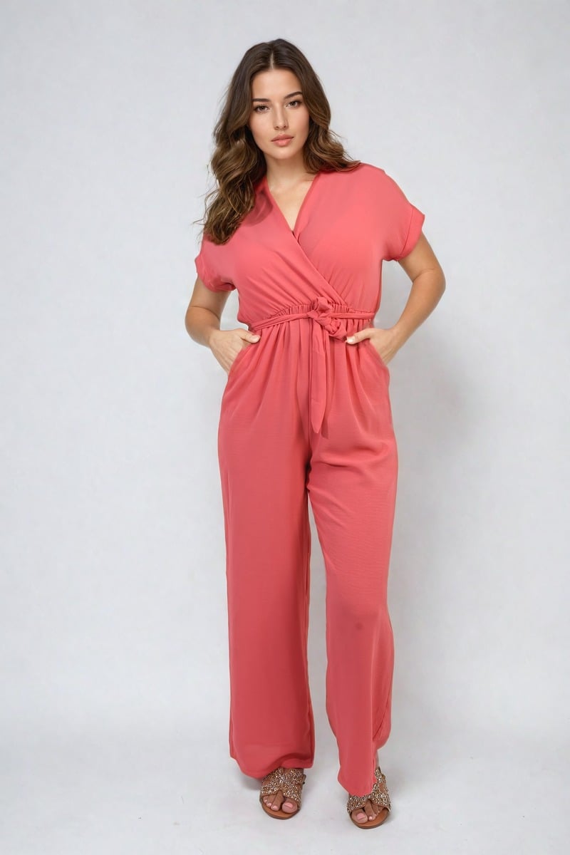Belted V Neck Jumpsuit with Side Pockets - Black River UK