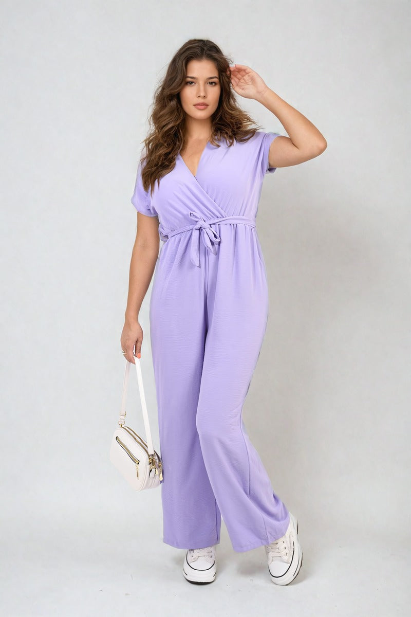 Belted V Neck Jumpsuit with Side Pockets - Black River UK