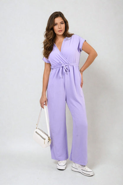 Belted V Neck Jumpsuit with Side Pockets - Black River UK