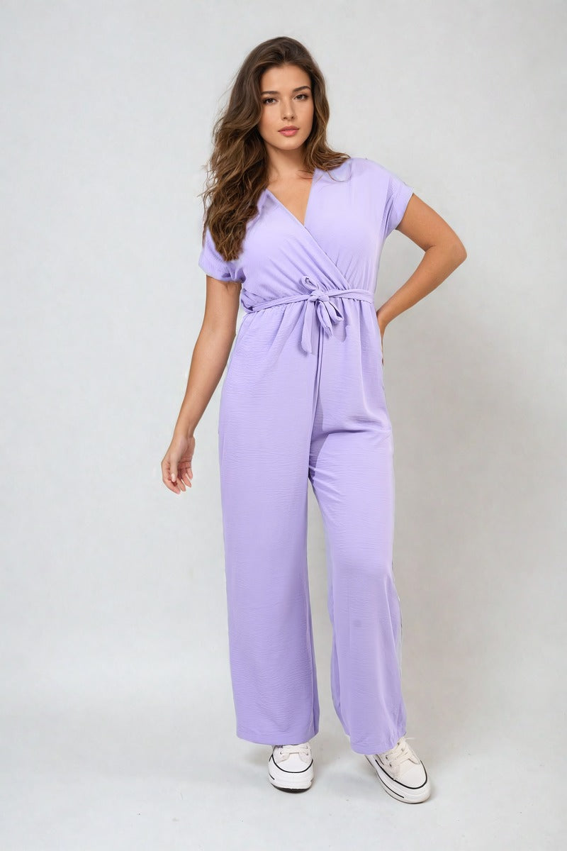 Belted V Neck Jumpsuit with Side Pockets - Black River UK