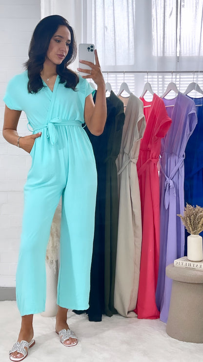 Belted V Neck Jumpsuit with Side Pockets - Black River UK