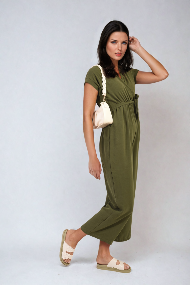 Belted V Neck Jumpsuit with Side Pockets - Black River UK