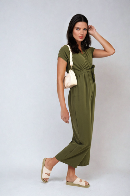 Belted V Neck Jumpsuit with Side Pockets - Black River UK