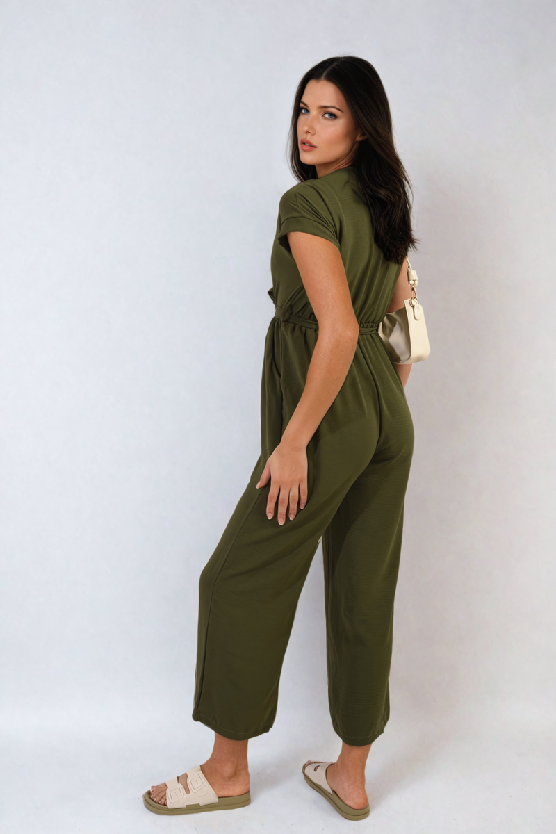 Belted V Neck Jumpsuit with Side Pockets - Black River UK