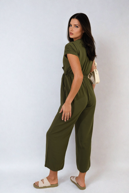Belted V Neck Jumpsuit with Side Pockets - Black River UK