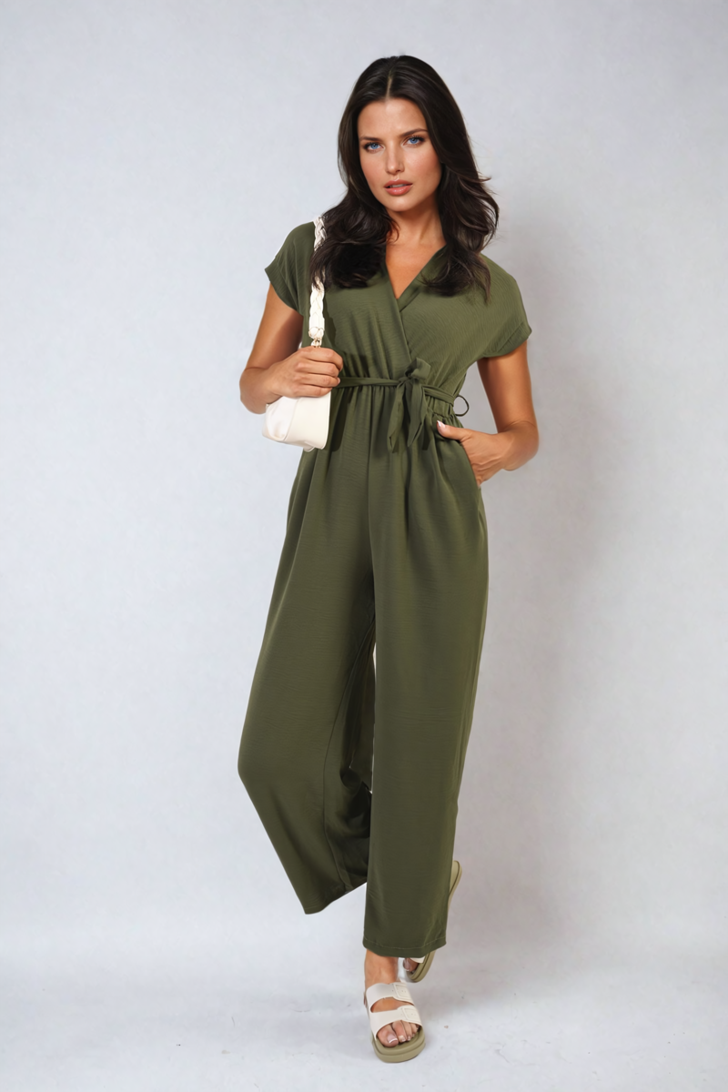 Belted V Neck Jumpsuit with Side Pockets - Black River UK