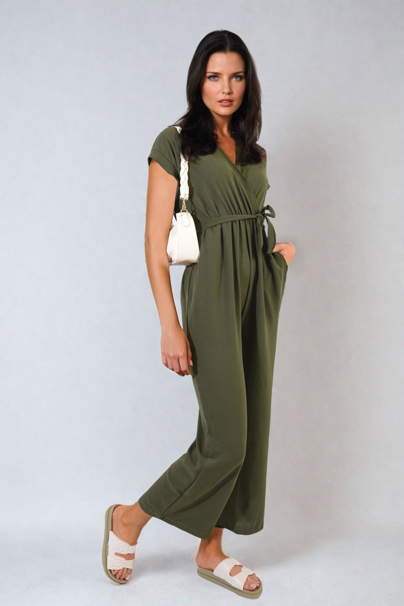 Belted V Neck Jumpsuit with Side Pockets - Black River UK