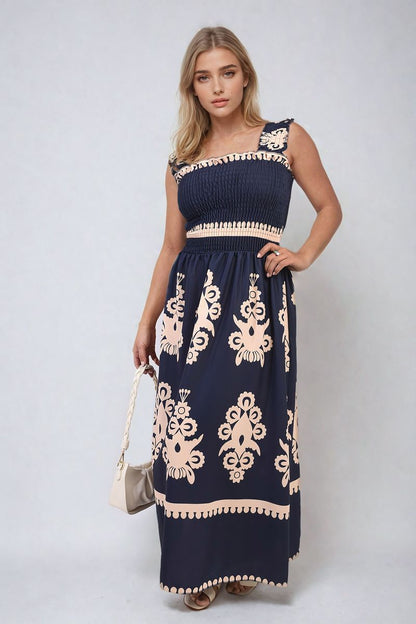 Smocked Sleeveless Flowy Tribal Print Summer Maxi Dress - Black River UK