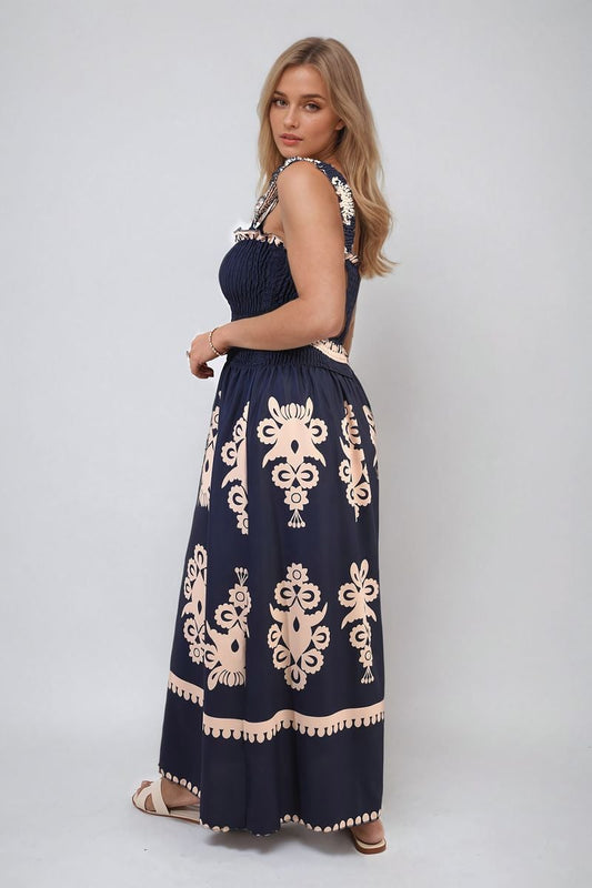 Smocked Sleeveless Flowy Tribal Print Summer Maxi Dress - Black River UK