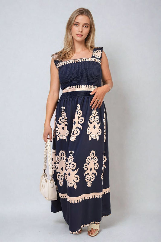 Smocked Sleeveless Flowy Tribal Print Summer Maxi Dress - Black River UK