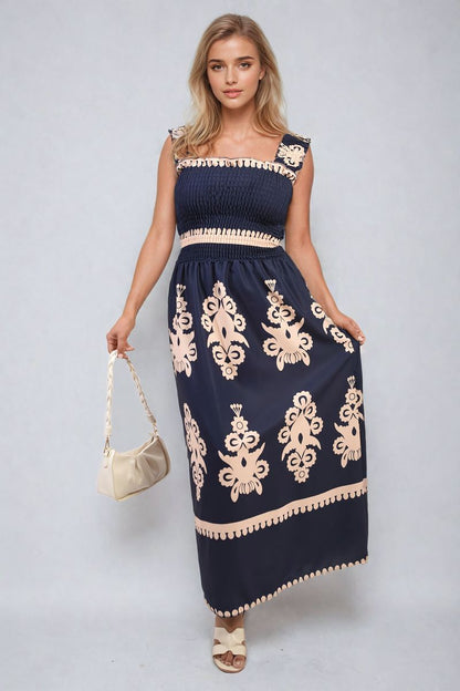 Smocked Sleeveless Flowy Tribal Print Summer Maxi Dress - Black River UK