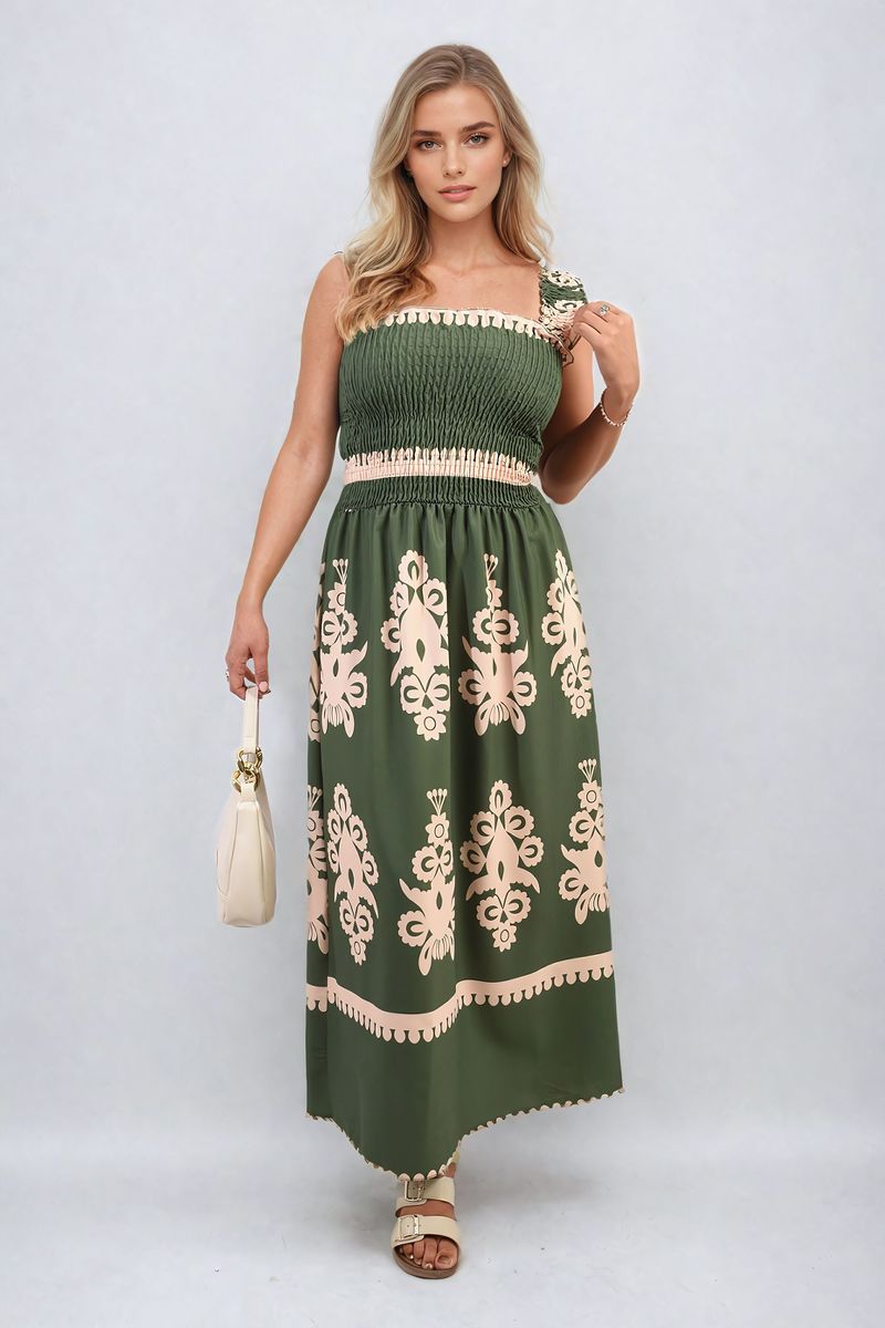 Smocked Sleeveless Flowy Tribal Print Summer Maxi Dress - Black River UK