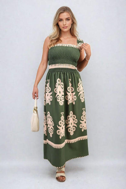 Smocked Sleeveless Flowy Tribal Print Summer Maxi Dress - Black River UK