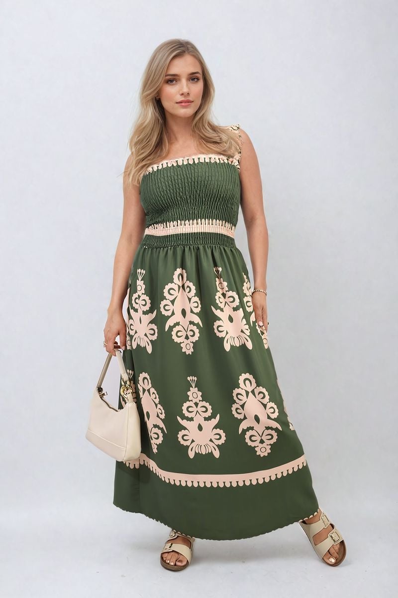 Smocked Sleeveless Flowy Tribal Print Summer Maxi Dress - Black River UK