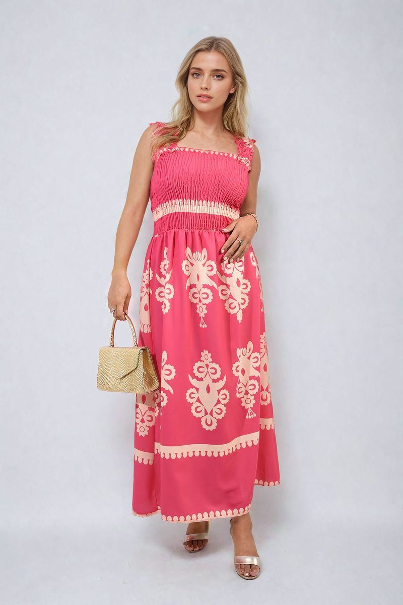 Smocked Sleeveless Flowy Tribal Print Summer Maxi Dress - Black River UK