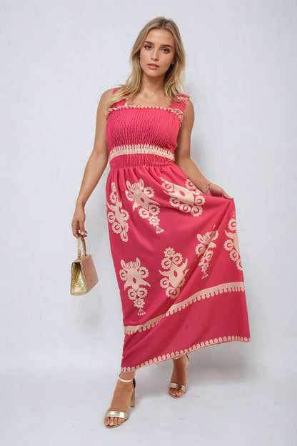 Smocked Sleeveless Flowy Tribal Print Summer Maxi Dress - Black River UK