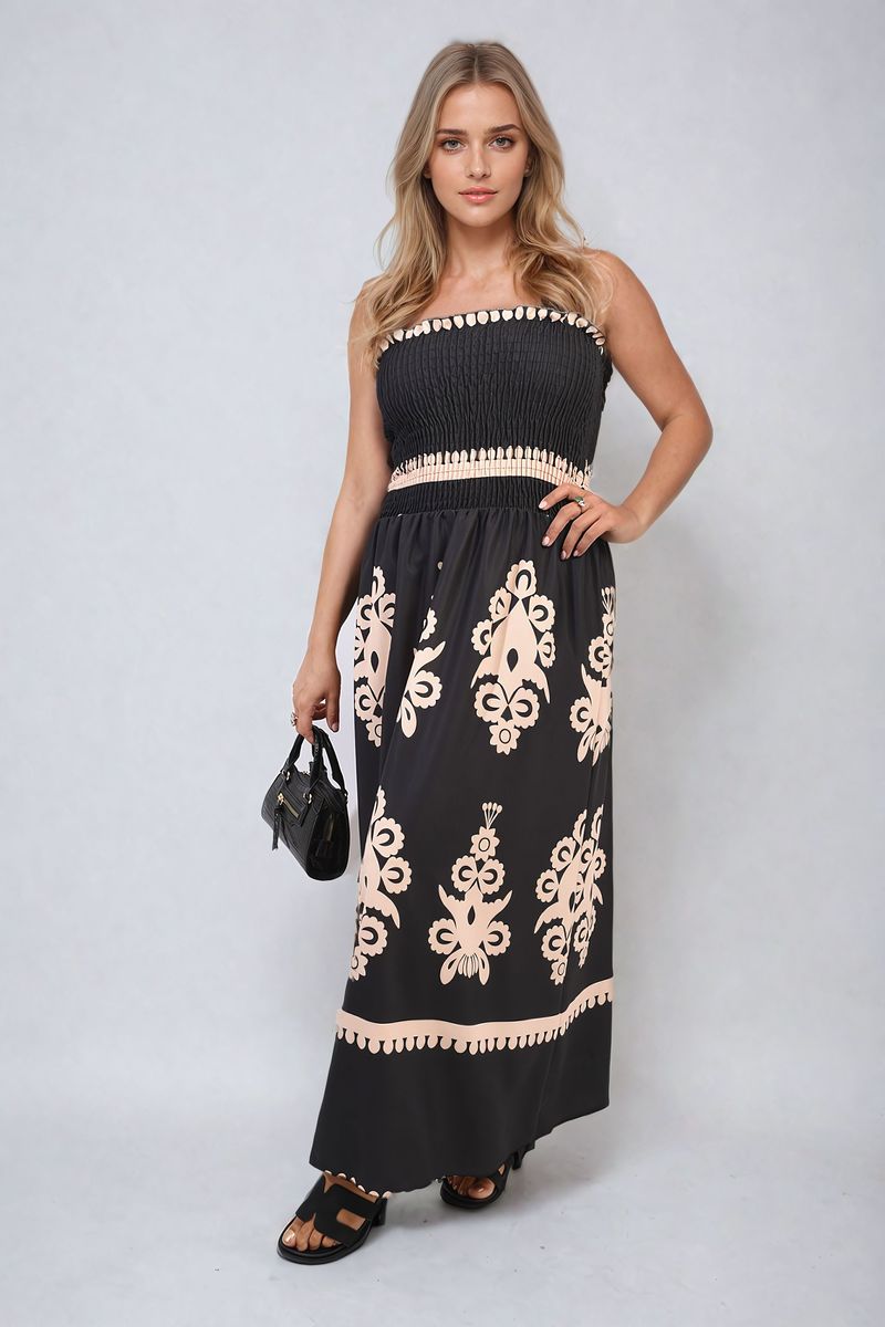 Smocked Sleeveless Flowy Tribal Print Summer Maxi Dress - Black River UK