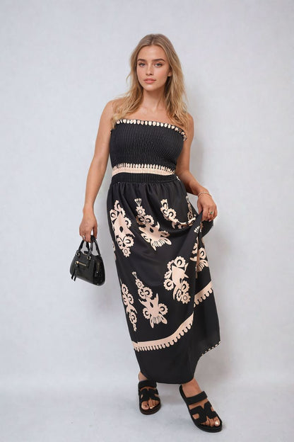 Smocked Sleeveless Flowy Tribal Print Summer Maxi Dress - Black River UK