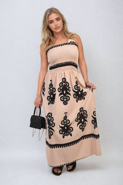 Smocked Sleeveless Flowy Tribal Print Summer Maxi Dress - Black River UK