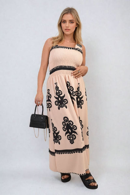 Smocked Sleeveless Flowy Tribal Print Summer Maxi Dress - Black River UK