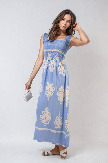Smocked Sleeveless Flowy Tribal Print Summer Maxi Dress - Black River UK