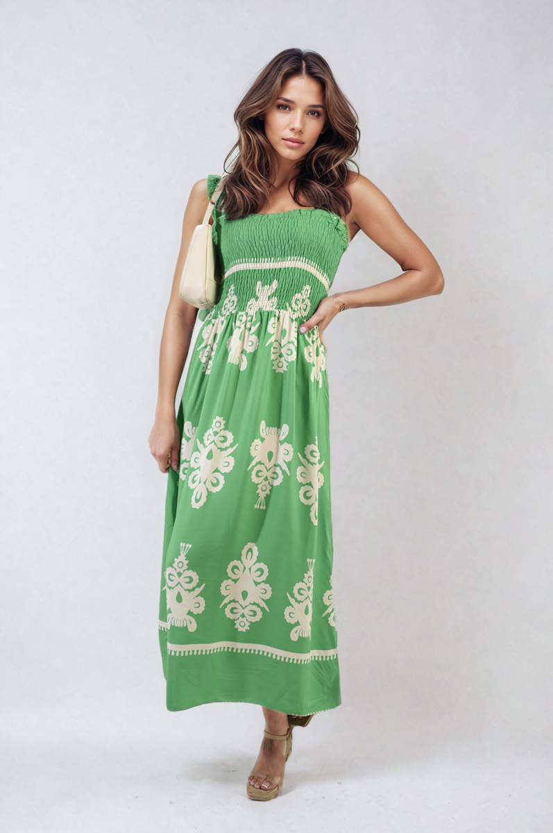 Smocked Sleeveless Flowy Tribal Print Summer Maxi Dress - Black River UK
