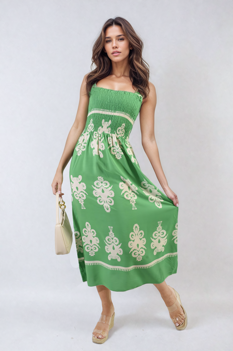 Smocked Sleeveless Flowy Tribal Print Summer Maxi Dress - Black River UK