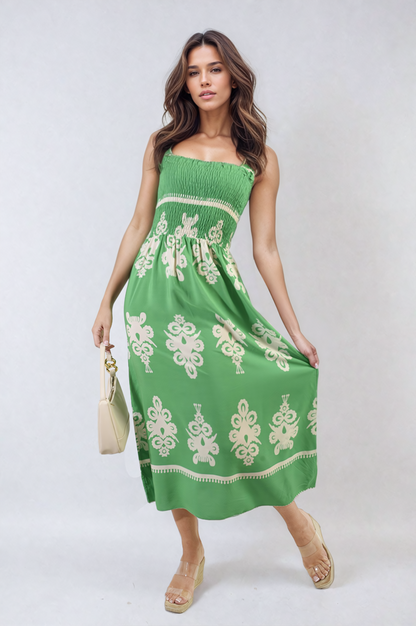 Smocked Sleeveless Flowy Tribal Print Summer Maxi Dress - Black River UK