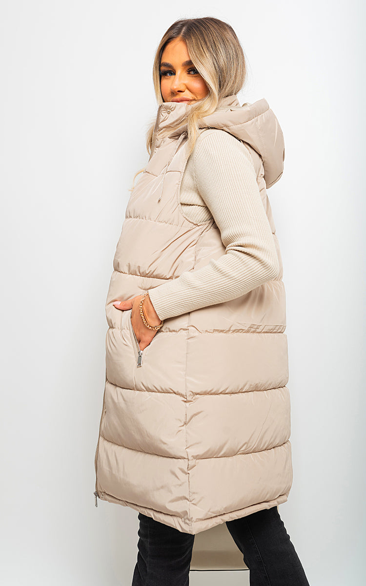 Midi Longline Padded Puffer Sleeveless Gilet - Black River UK
