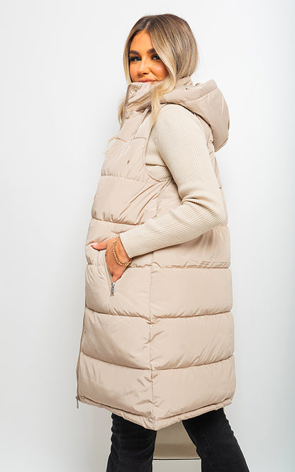 Midi Longline Padded Puffer Sleeveless Gilet - Black River UK
