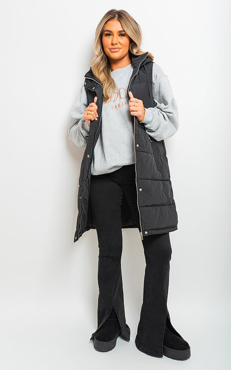 Midi Longline Padded Puffer Sleeveless Gilet - Black River UK