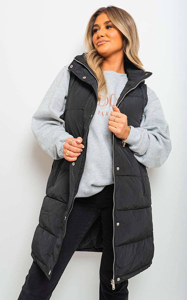 Midi Longline Padded Puffer Sleeveless Gilet - Black River UK