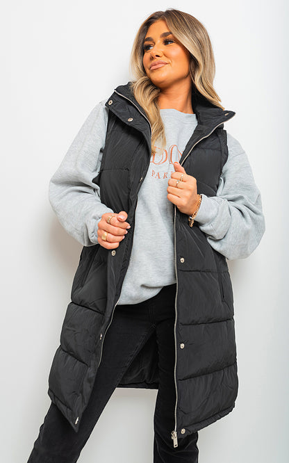 Midi Longline Padded Puffer Sleeveless Gilet - Black River UK