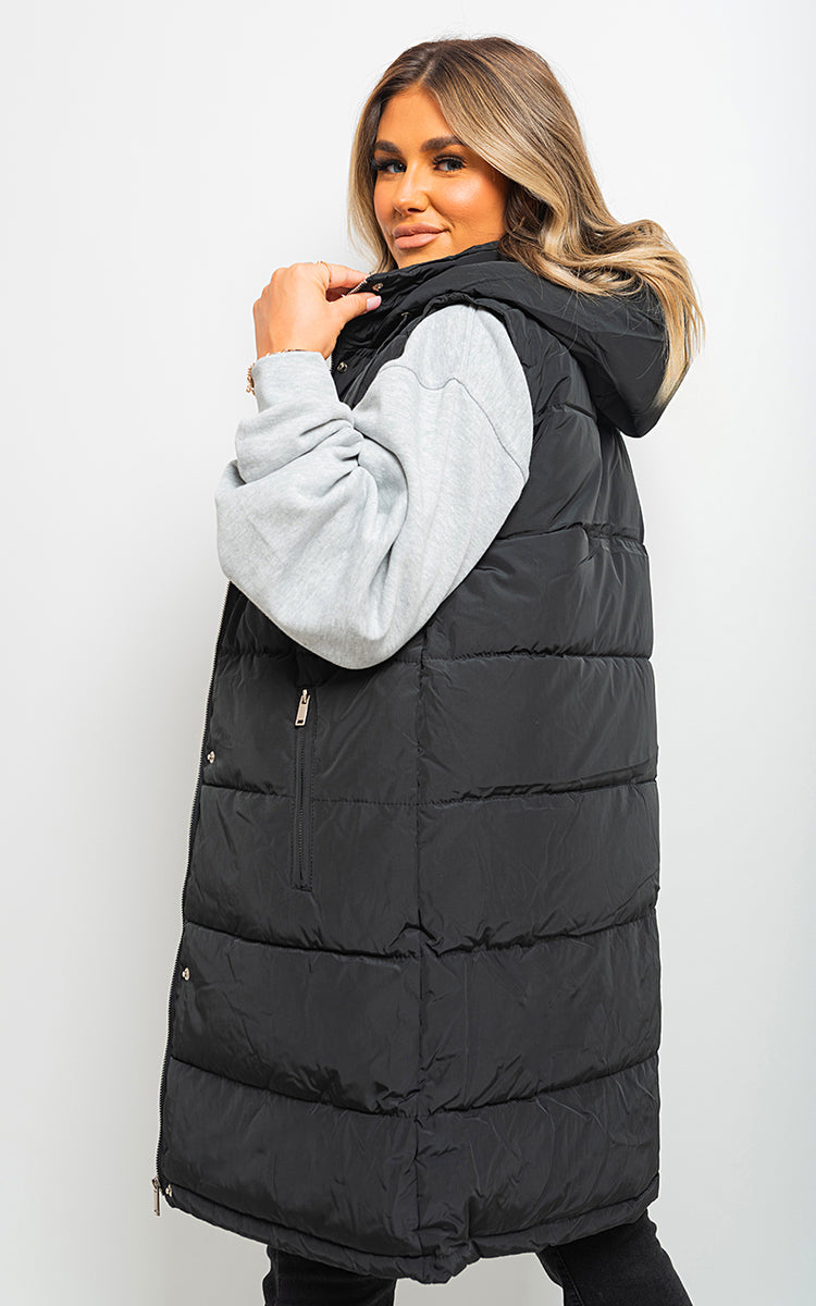 Midi Longline Padded Puffer Sleeveless Gilet - Black River UK