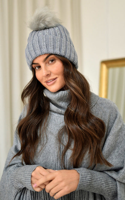 Faux Fur Lined Beanie Rhine Stone Hat - Black River UK