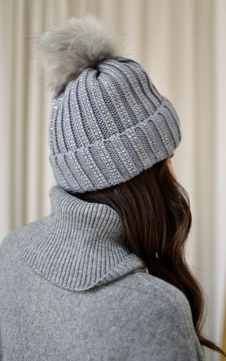 Faux Fur Lined Beanie Rhine Stone Hat - Black River UK