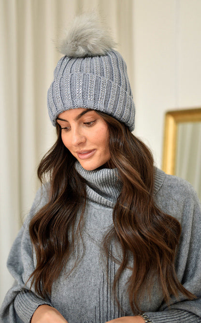 Faux Fur Lined Beanie Rhine Stone Hat - Black River UK