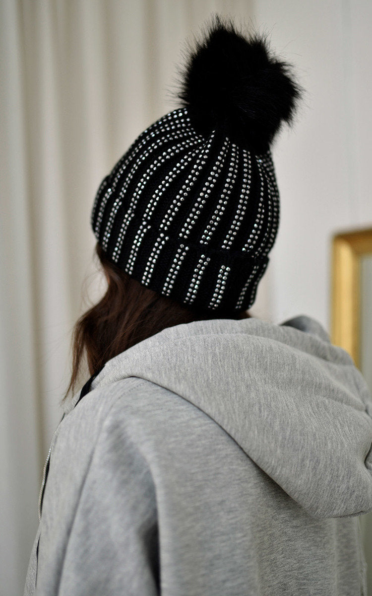 Faux Fur Lined Beanie Rhine Stone Hat - Black River UK