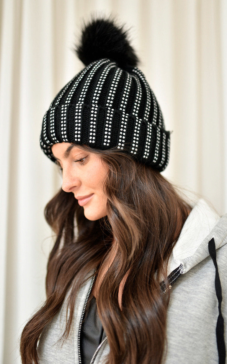 Faux Fur Lined Beanie Rhine Stone Hat - Black River UK